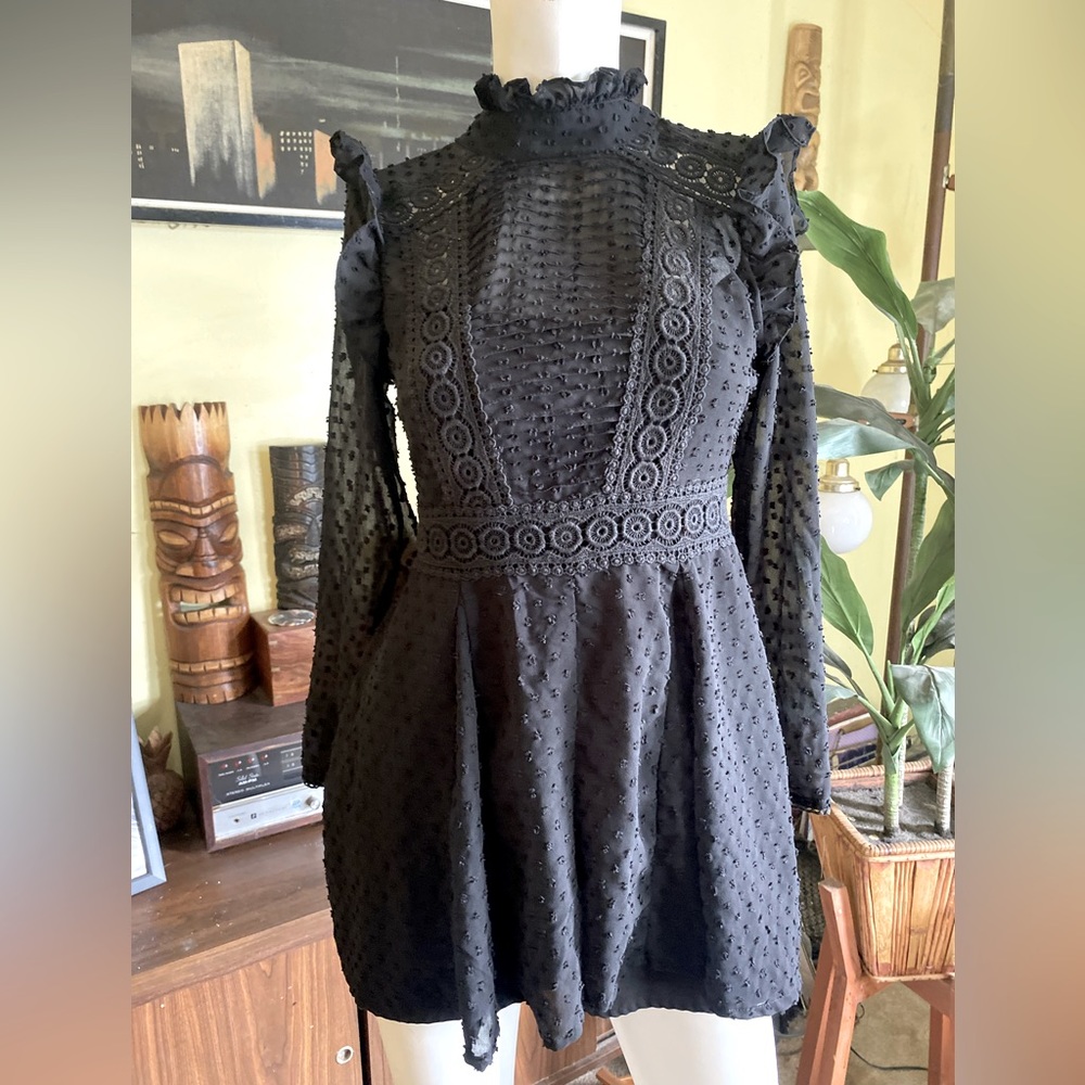 ASOS gothic little black eyelet lace embroidered elegant mini dress boho - Picture 1 of 11